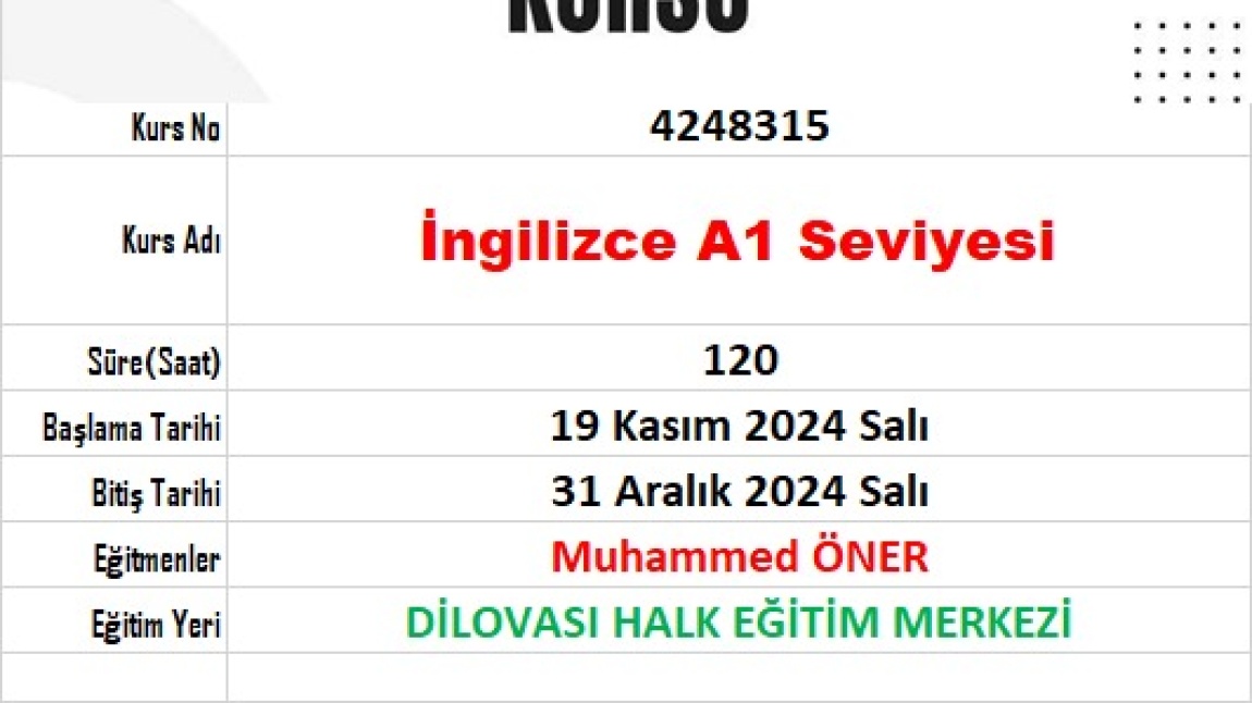 	İngilizce A1 Seviyesi